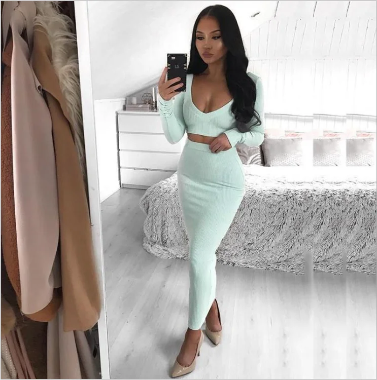 

New Arrival Autumn Women Ribbed V-neck Long Sleeve Bodycon Two Piece Set Party Club Long Casual Dress