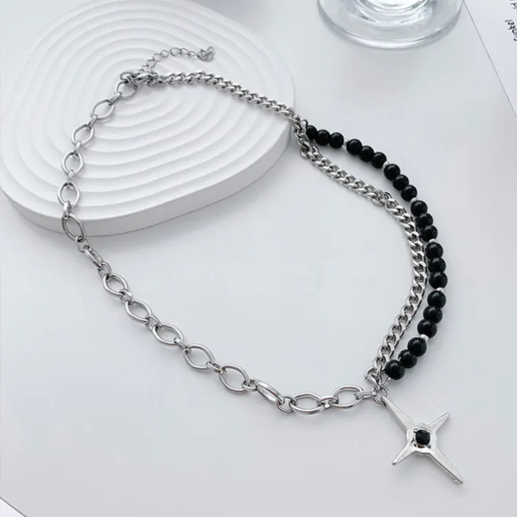 

Creative Black Pearl Beaded Necklace Niche Design Stitching Stainless Steel Chain Cross Charm Necklace for Women, Silver,black