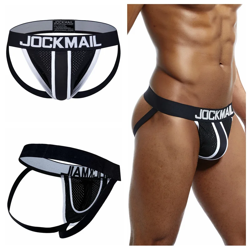 

JOCKMAIL High quality stock sexy jockstraps mesh men underwear ice silk Breathable white G-string Pouch briefs, Black/white/yellow/blue