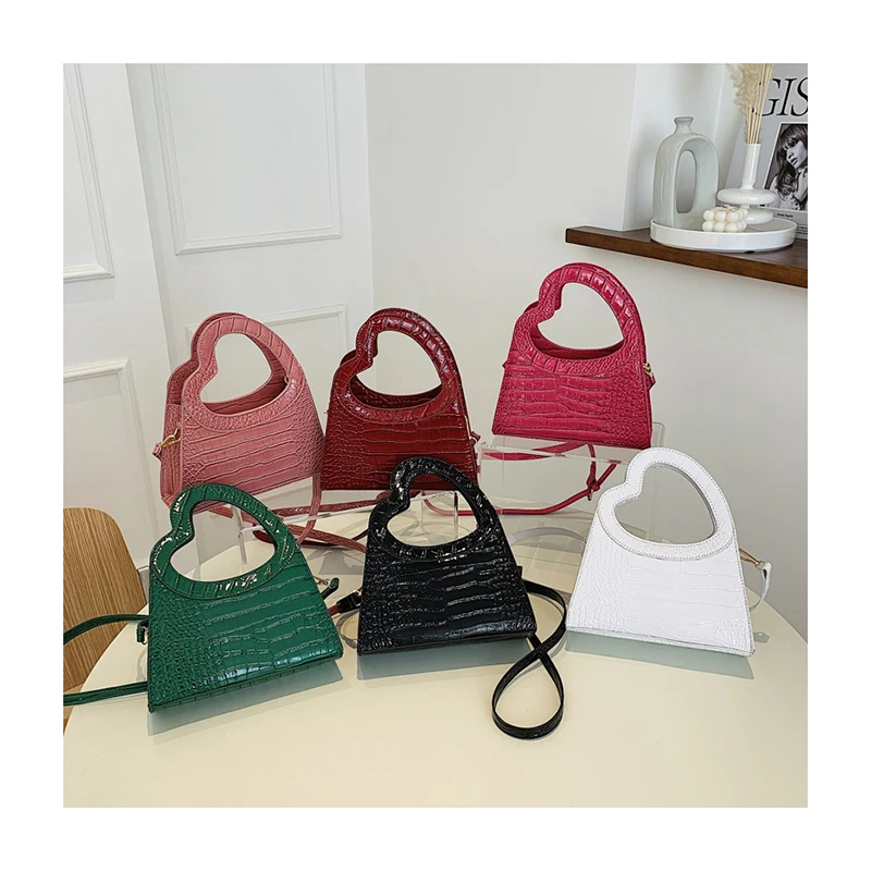 

Personality Hollow Heart Shape Hand Bags Bright PU Leather Crossbody Bags Stone Pattern Small Tote For Women Luxury Handbags