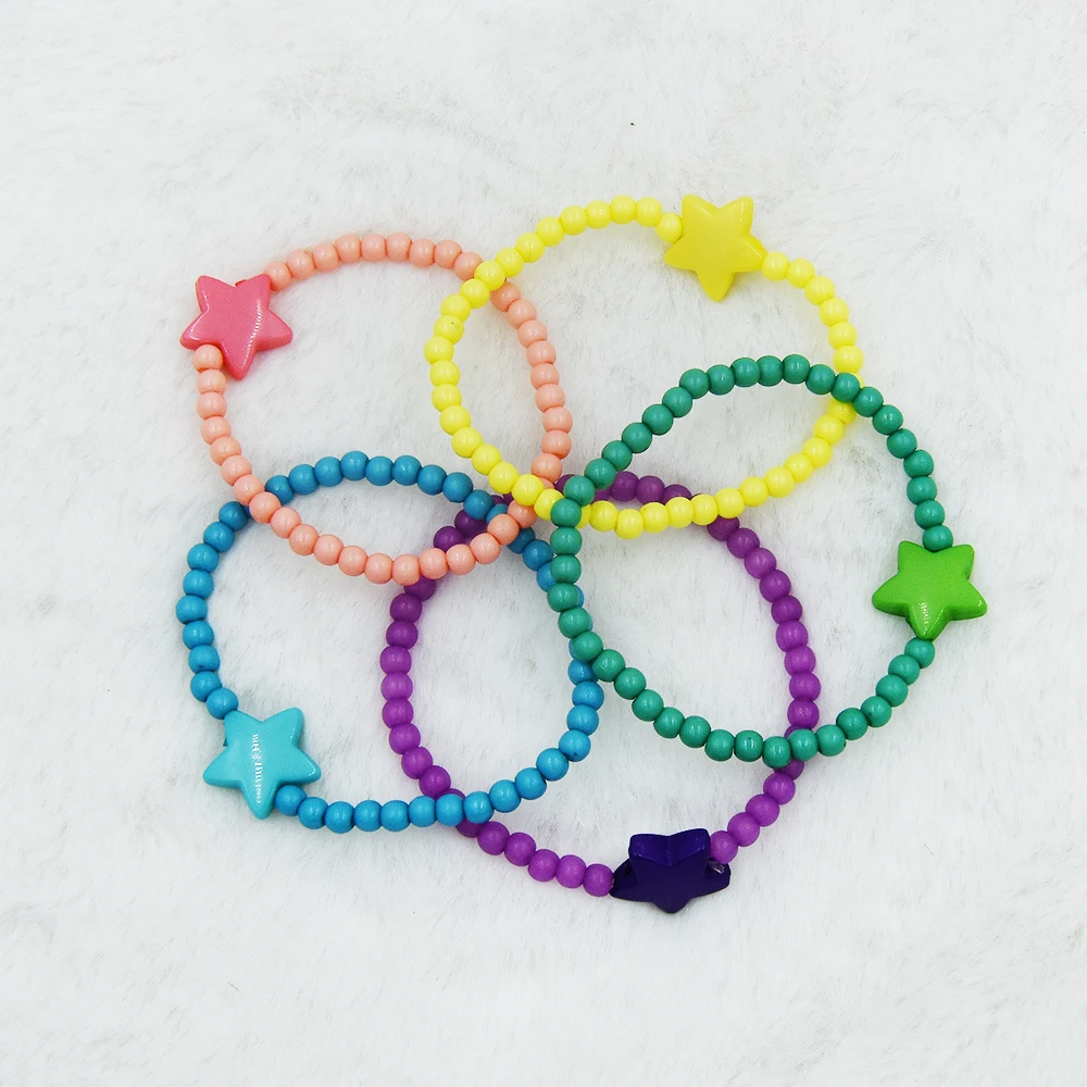 

Veijer Hot Sale Cute 5 Colors a Set Pink Yellow Green Blue Purple Star Sweet Acrylic Baby Kids Boys Girls Bracelet Set