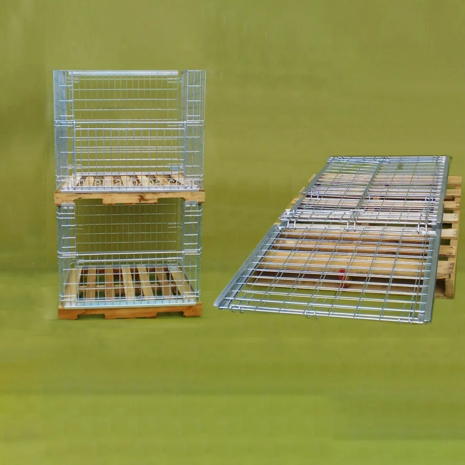 
Heavy duty collapsible welded steel metal stackable foldable wire mesh pallet cage for mounting on wooden pallet 