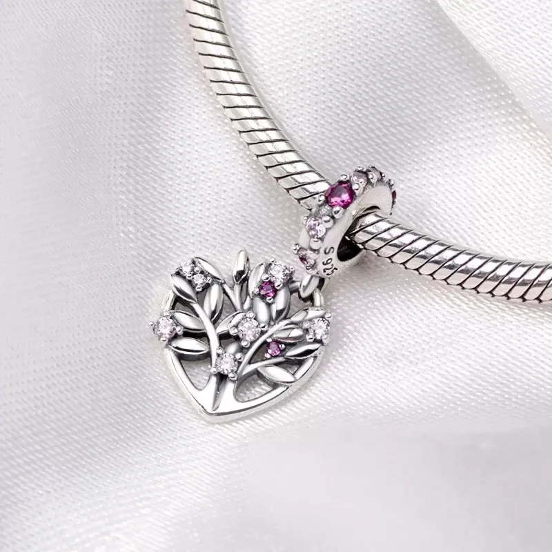 

2022 New 925 Sterling Silver Pink Heart Family Tree Dangle Pendant Charm Bead Fits European Jewelry Charm Bracelets