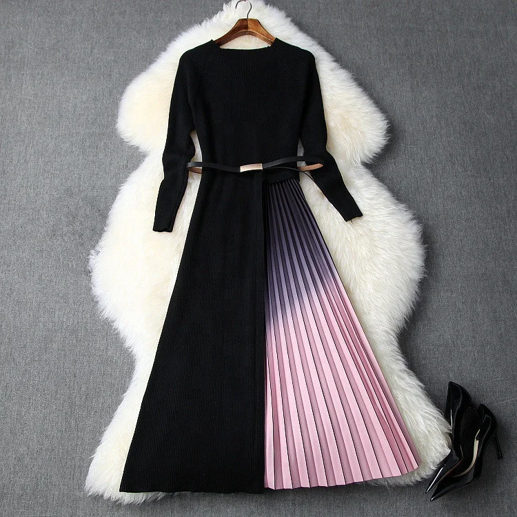 

B51410A Ladies elegant round collar mid-long knitting ombre pleated dress, Show