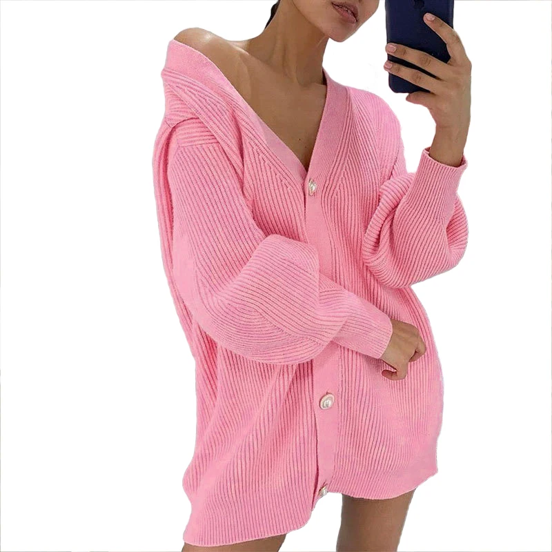 

Wholesale Causal Women Loose Knitwear Female Spring Lantern Sleeve Ladies Sexy Cheap Cardigan Sweater, Customized color