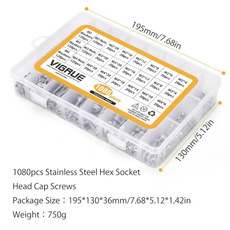 
Best Seller Amazon 1080pcs Hex Socket Head Cap Silver Screws Driver Set Stainless Steel Screws and Nuts 