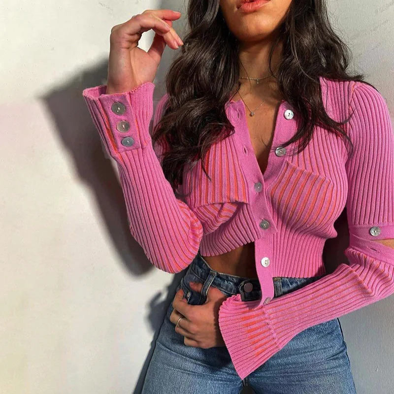 

New arrivals 2022 spring fashion long sleeve irregular asymmetrical pink tops button up Knitted Sweater