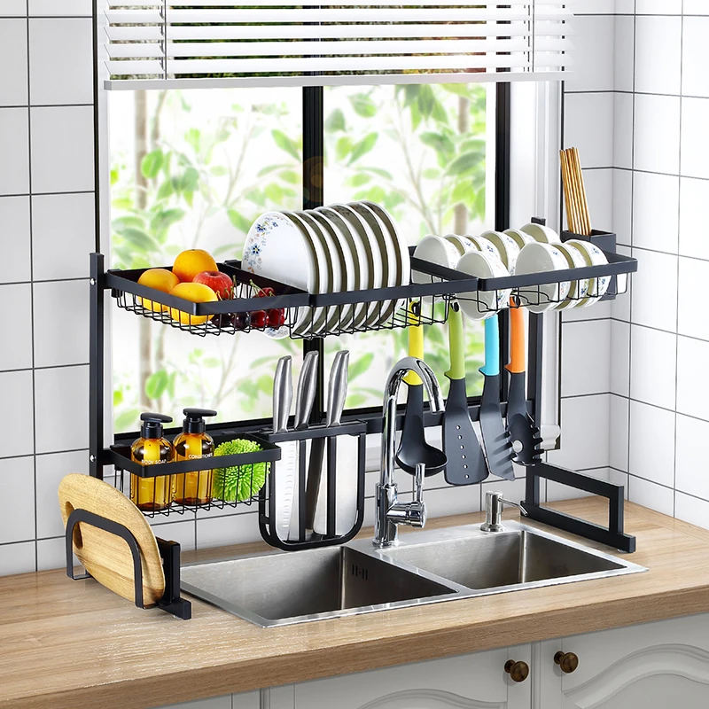 

Gaungzhou draining hanging 1 layer 1 tier 201 stainless steel over the kitchen sink dish drainer rack holders stand, Black