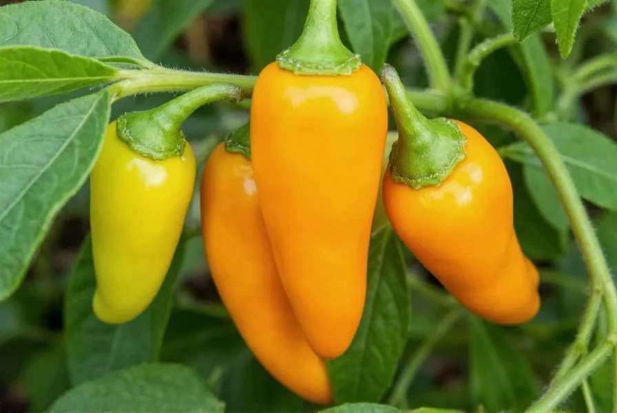 Ripe aji amarillo peppers on plant showing vibrant orange-yellow color and tapered shape
