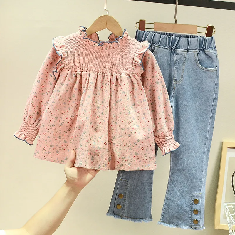 

Children's clothing 2022 spring girls clothes new arrive girls' floral cute doll shirt and denim flared pants girls clothes set, As picture