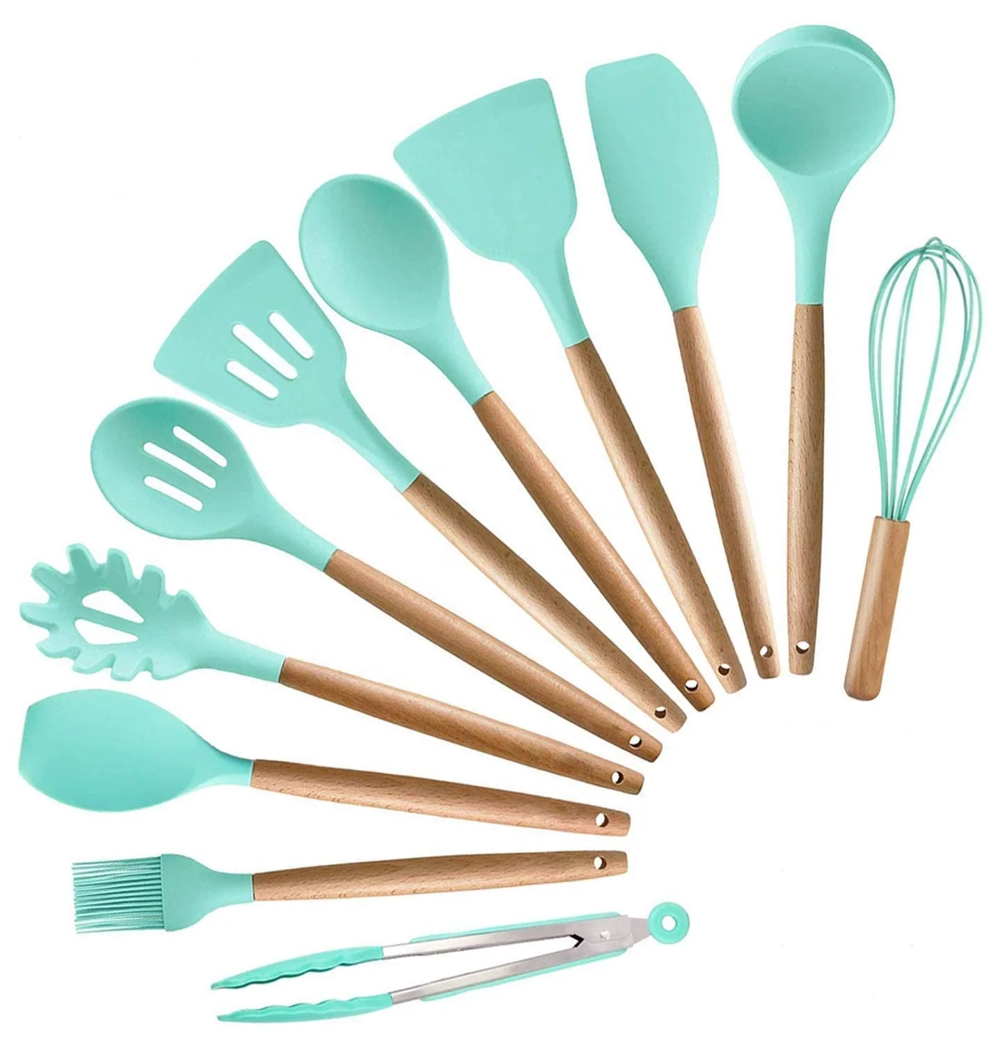

11pcs custom color Food grade silicone heat resistant kitchen utensils set with wooden handle, Customized