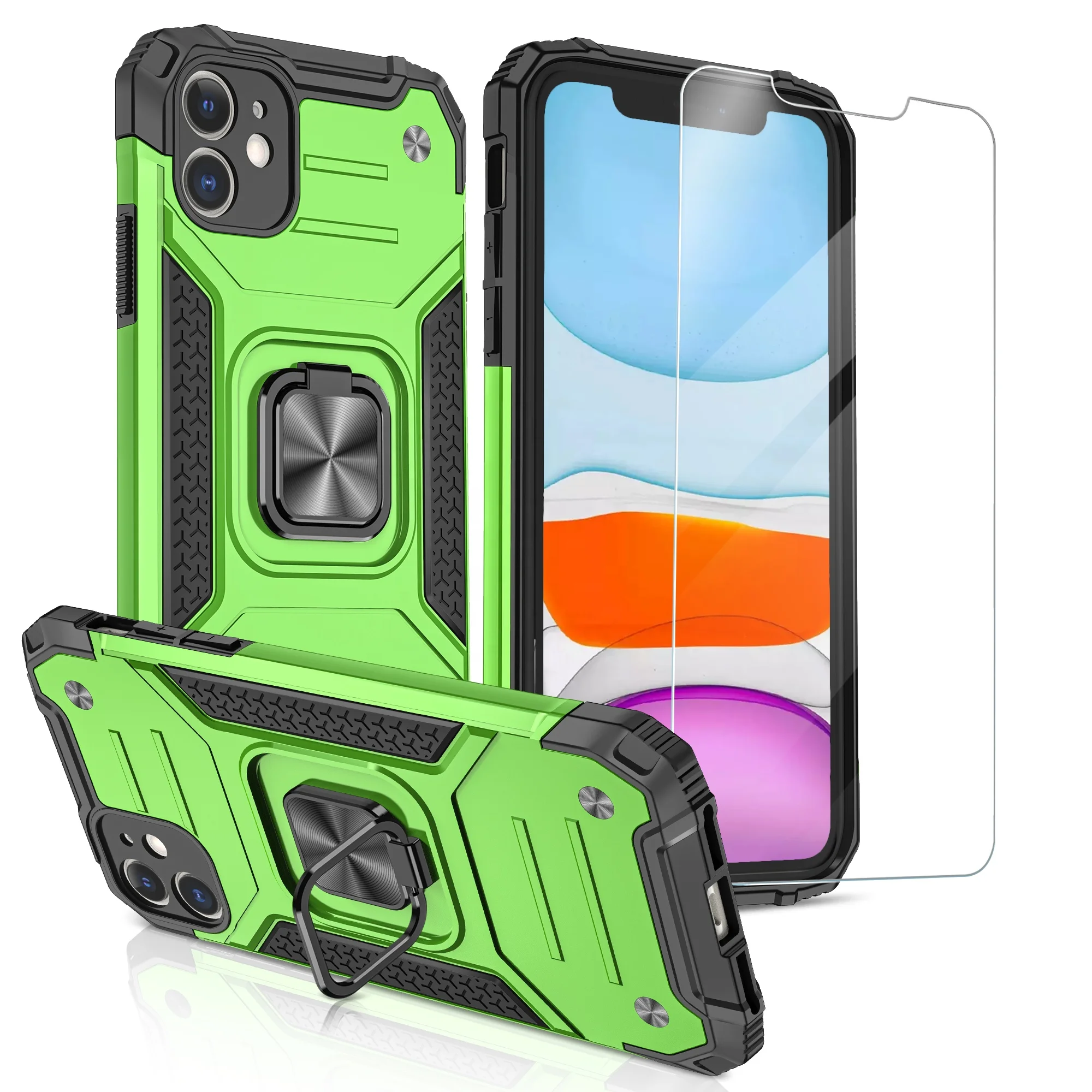 

New Arrivals 360 Kickstand Case with Tempered Glass Mobile Phone Case for iPhone 12/11/Xs Max/Xr/X/8P/7P Hard Back Cover, Multi colors