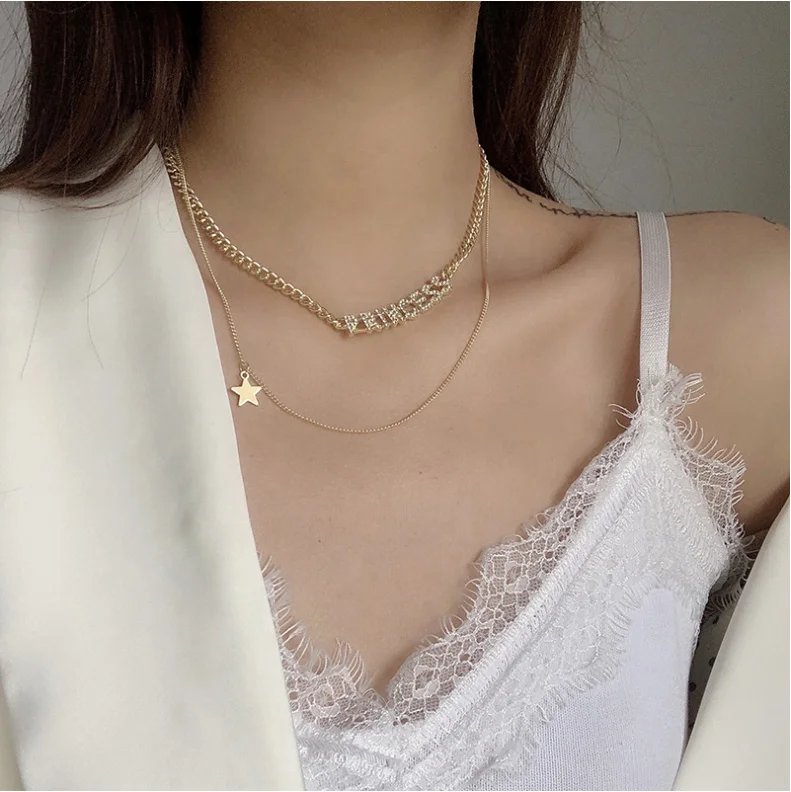 

Fashion Charm Women Gold Plated Jewelry Diamond PRINCESS Pendant Multi Lareyed Necklace 2021 Hot Sales