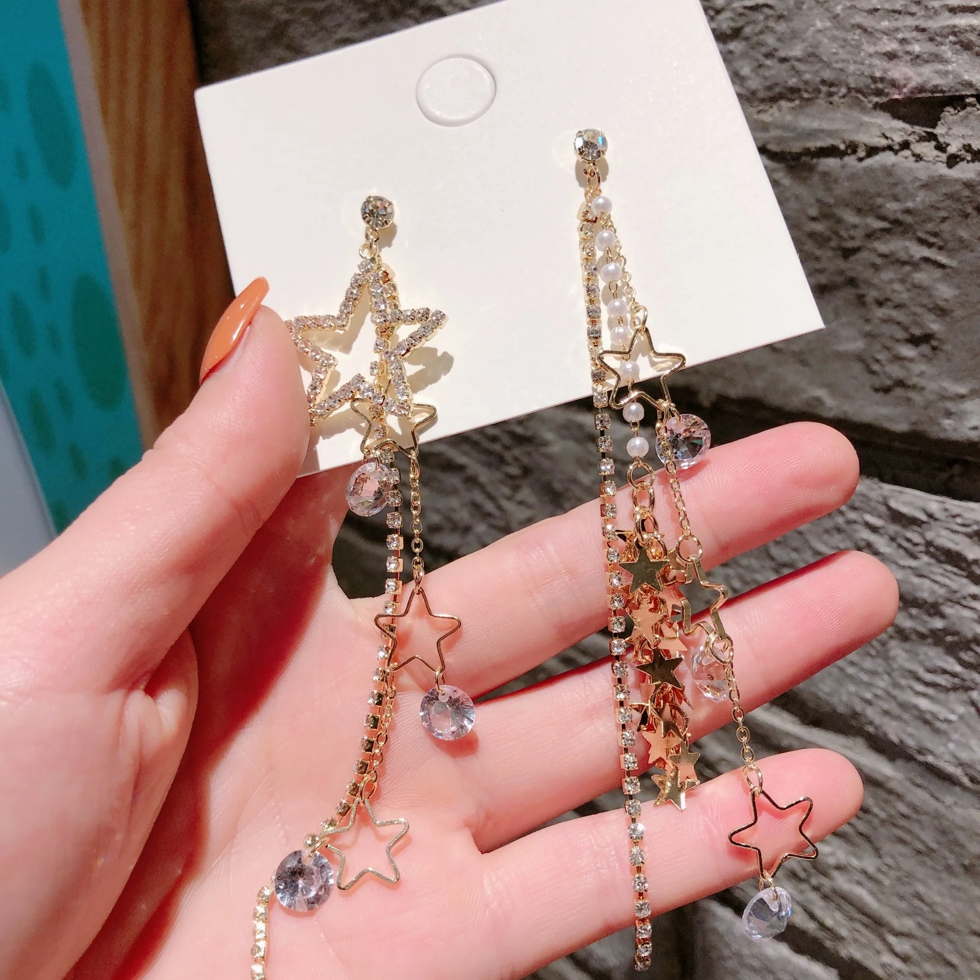 

Kaimei 2021 new Korean fashion ear jewelry silver needle five-pointed star shiny gold zircon long dangle earrings wholesale, Many colors fyi