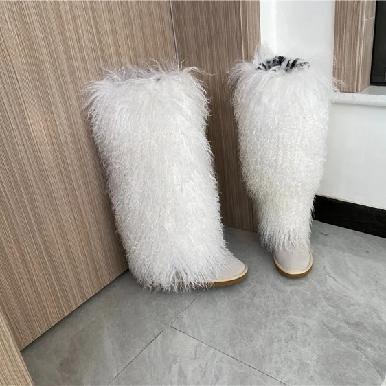 

Winter Luxury Leather fluffy sheep fur trim sexy long wool hairy women snow warm mongolian fur boots, Many kinds of colors