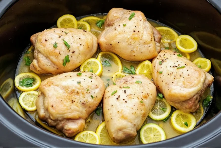 Slow cooker filled with lemon pepper chicken thighs surrounded by lemon slices and fresh herbs