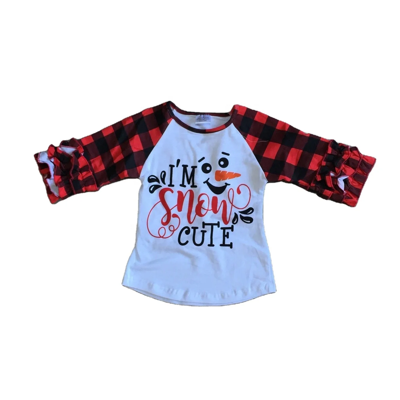 

GirlyMax Winter Girls Snowman Raglan Baby Long Plaid Sleeve Top, White