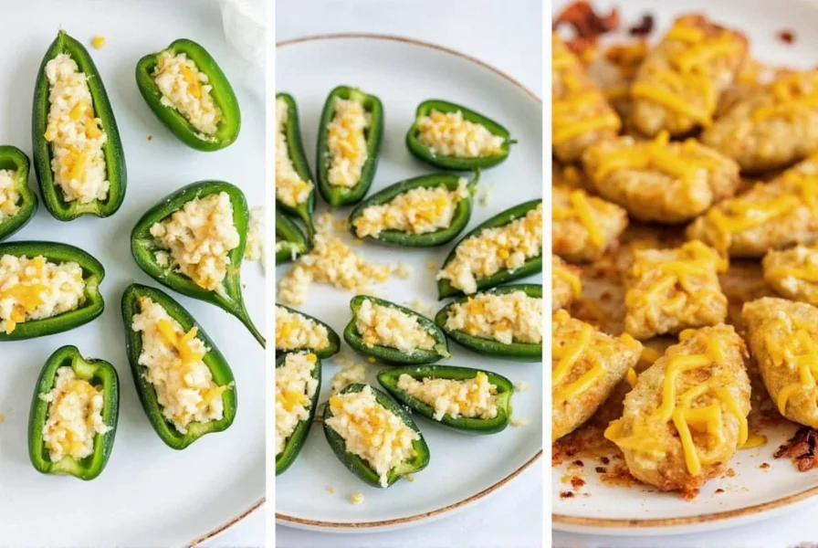 Step-by-step preparation of stuffed jalapeno peppers showing halved peppers, cheese filling mixture, and finished baked poppers