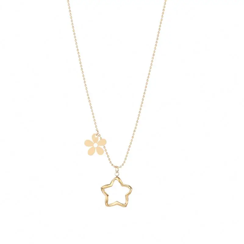 

Popular Style Hollow Twisted Star Geometric Flower Pendant Tiny Beads Chain Necklace