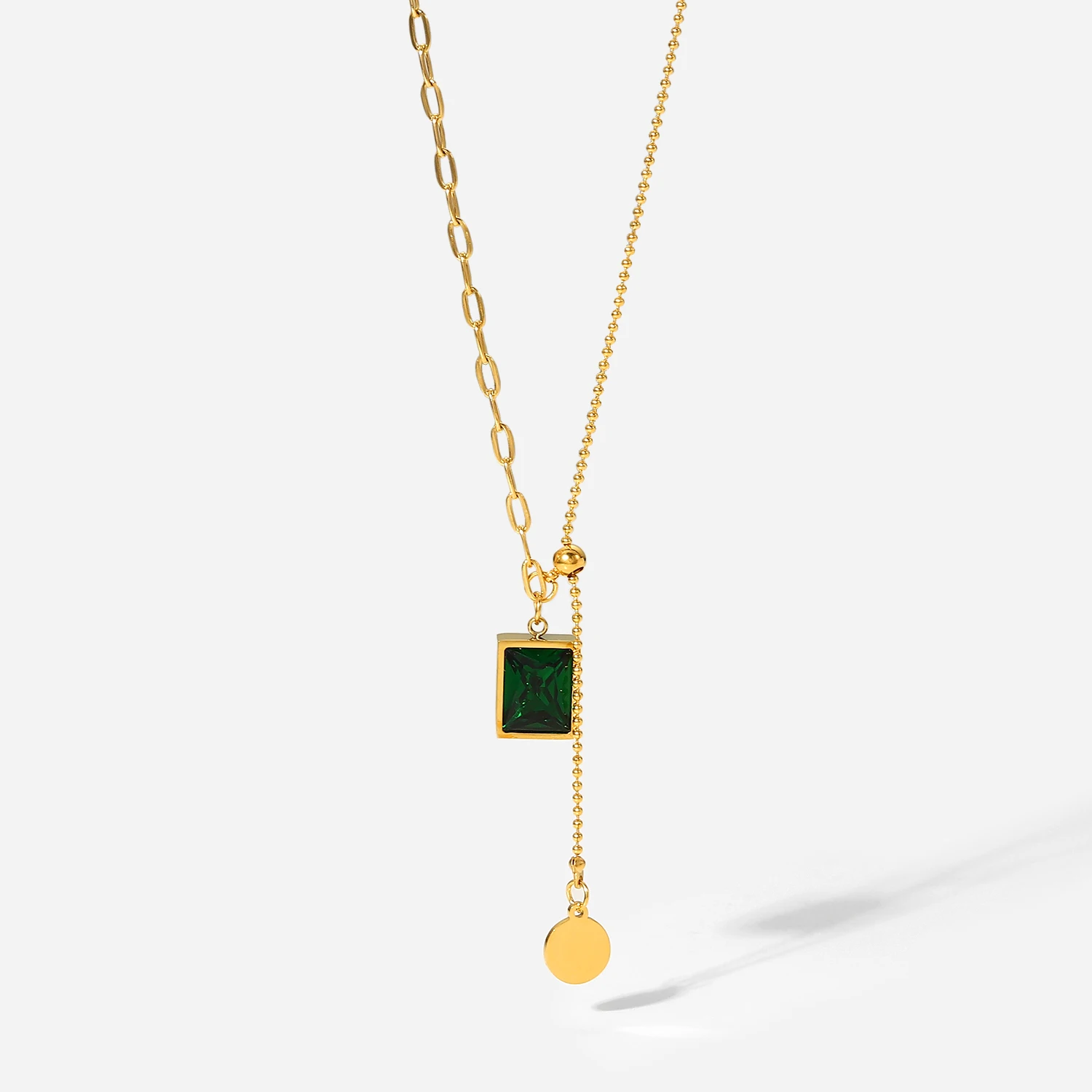 

Waterproof Y-Shaped18k Real Gold Plated Stainless Steel Jewelry Green Cubic Zirconia Pearl Pendant Necklace for Women