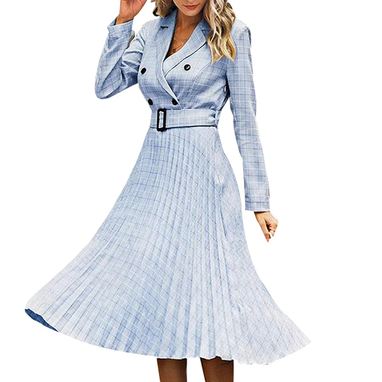 2019 Autumn And Winter Pleated Long Sleeve Dress Fashion Plaid Women Dresses
