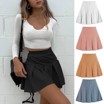 

2021 Simple New High Elastic Waist Plain Fashion Ladies Women Girls Casual Classic Formal Short Black Pleated Mini Skirt, Picture color