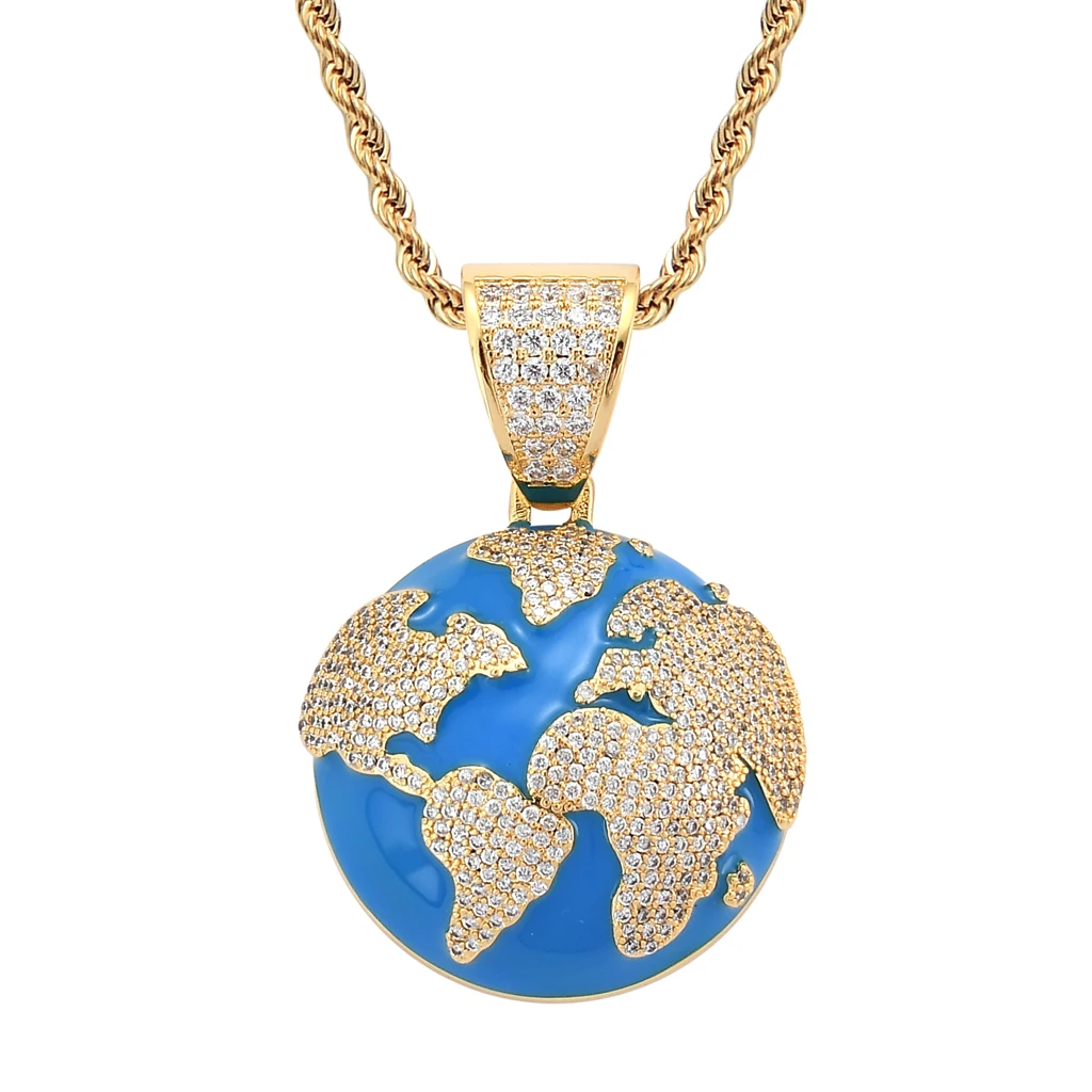 

Bling Hiphop Jewelry Gold Silver Plated Brass Iced Out Pave Cubic Zircon Diamond Earth Pendant Blue Oil Enamel Earth Necklace, Silver, gold