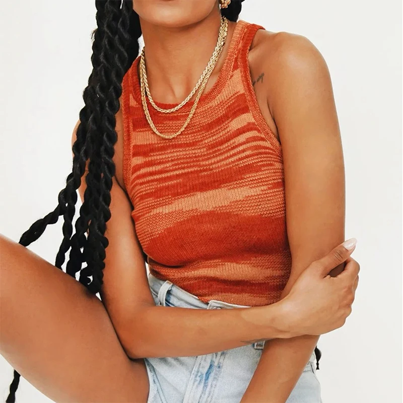 

2021 Sexy Knit Crop Top Women Summer Y2K Tie Dye Vintage Fashion Basic T Shirt Casual Tank Top