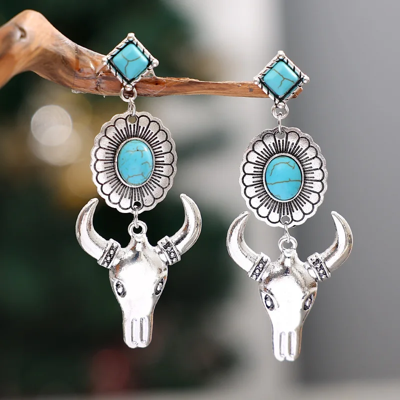 

Retro Western Boho Style Cowboy Turquoise Bull Studs Earrings For Woman