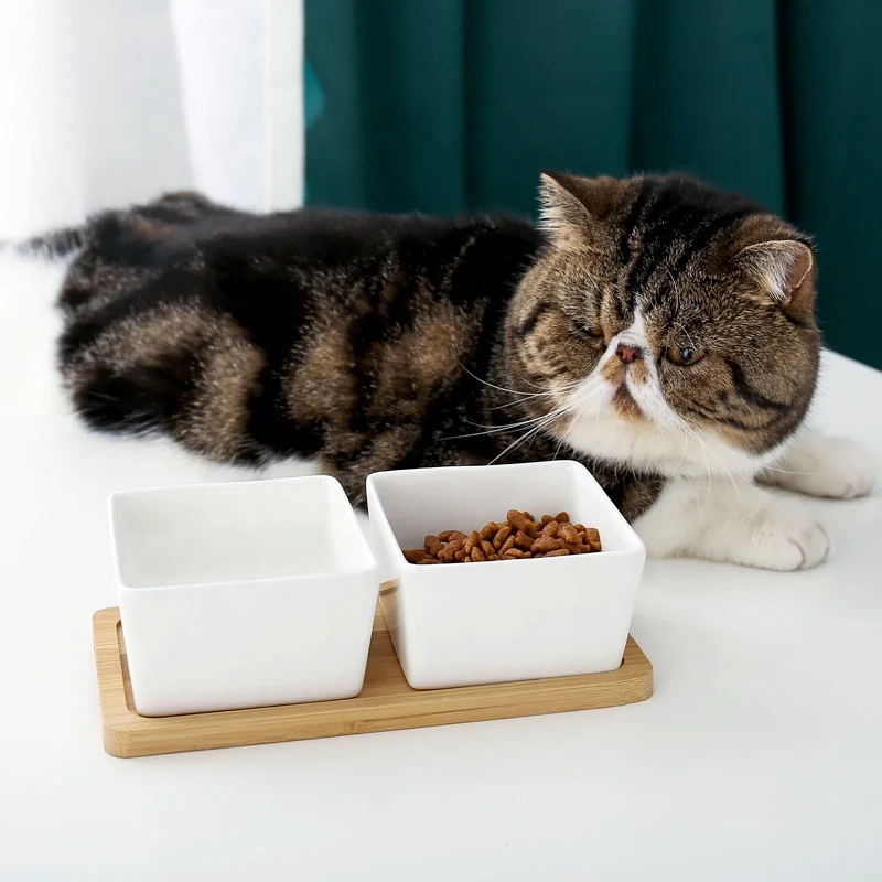 

Eco friendly Biodegradable Ceramic Unique Pet Cat Food Feeder Ethnic Bowl With Bamboo Tray Wooden split INS Style