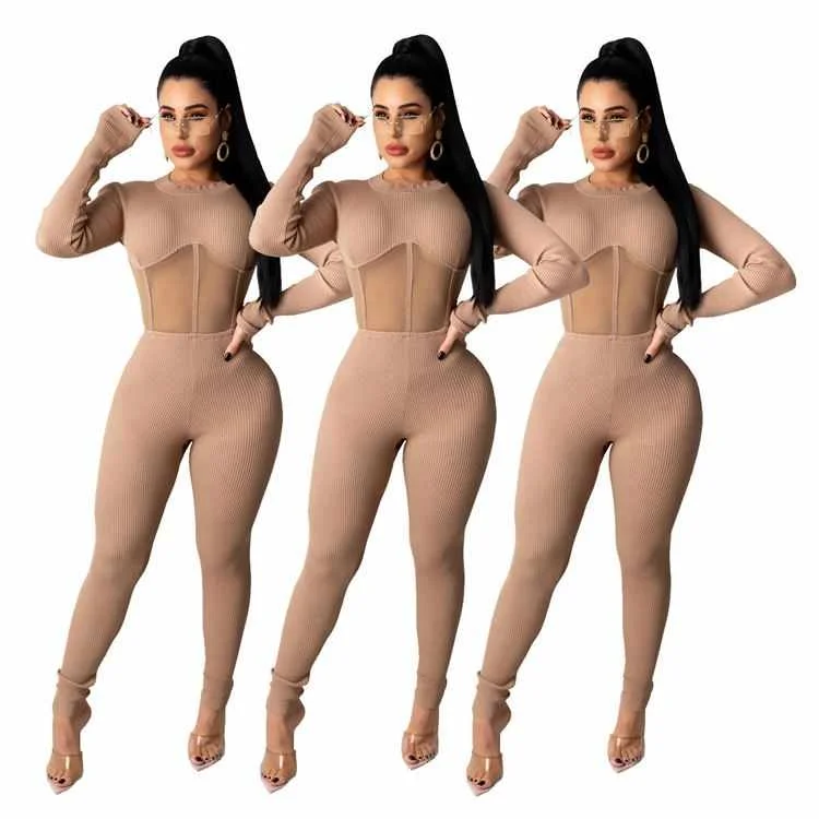 

Best Seller Mesh Cover Decoration Hot Fashion Sexy Women Long Sleeve Jumpsuits Women Rompers One Piece Jumpsuit