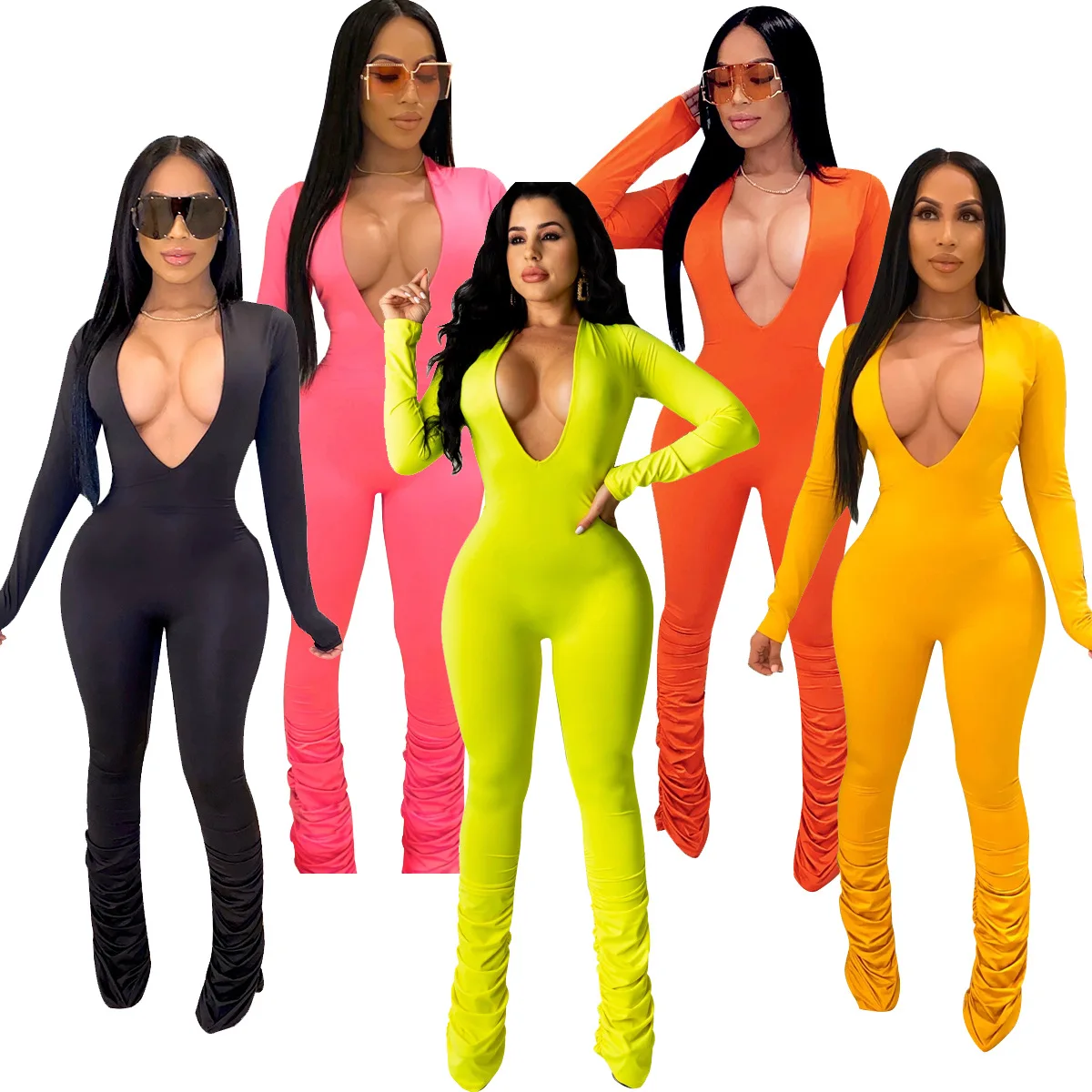 

Hot Selling Deep V Neck Sexy Bodycon Jump Suits Party Work Clothes Stacked Tight One Piece Women Jumpsuits, Pink, black, yellow, orange, green