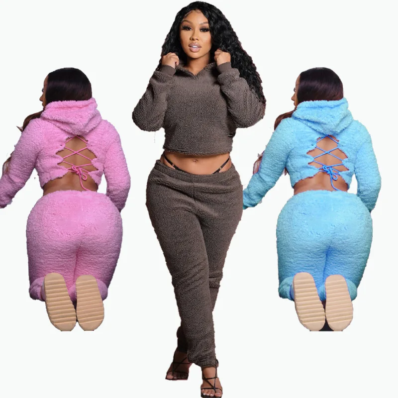

2021 Hoodies Thick 2 Piece Pant Joggers Sets Fur Faux Jackets Coats Tracksuits Girls' Winter Clothing Winter Two Piece Pant Sets
