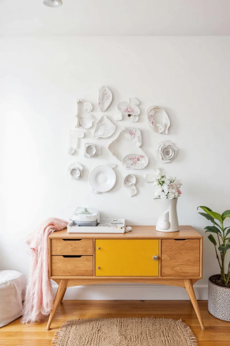 Decorative plate rack mounted on a kitchen wall