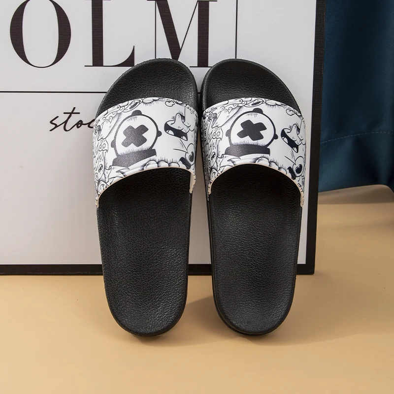 

Rubber Thicker sole PVC Flat Custom Slide Men Laser Slides Big Size Sandals Oem Slides Slippers, Black white