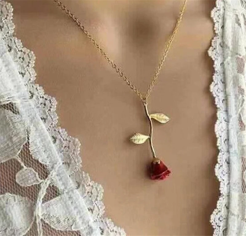 

Red Gold Rose Flower Pendant Necklace Chain Jewelry Necklace