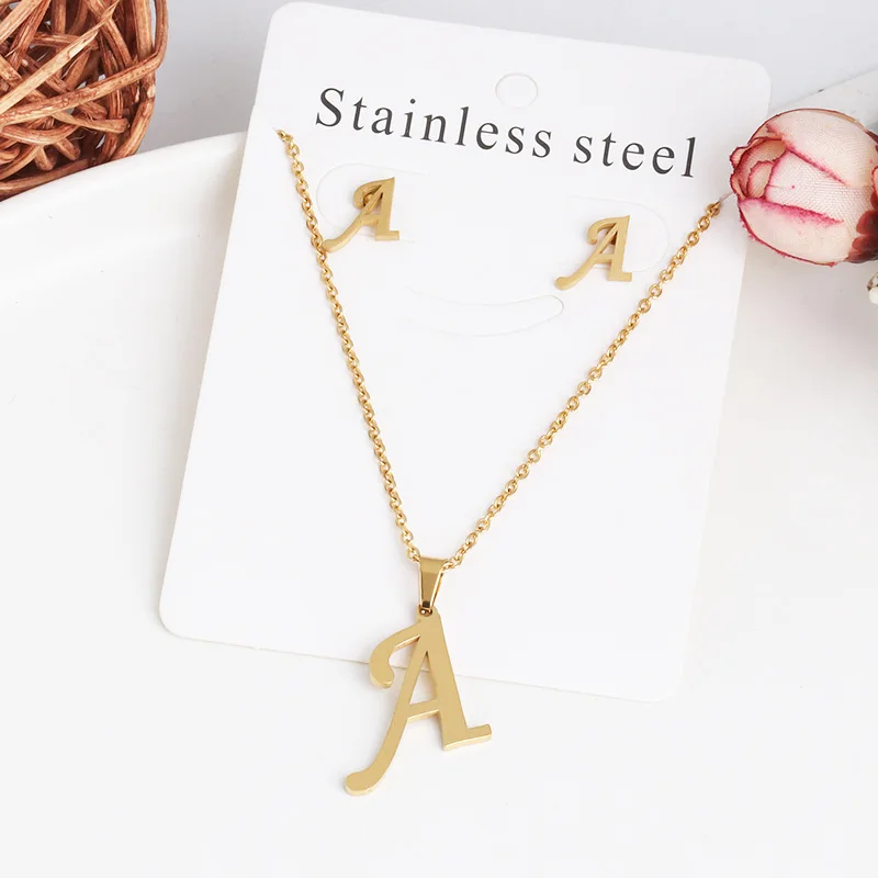 

New Arrival 18k Gold Delicate Stainless Steel Jewelry Letter Pendant Necklace Stud Earrings Sets