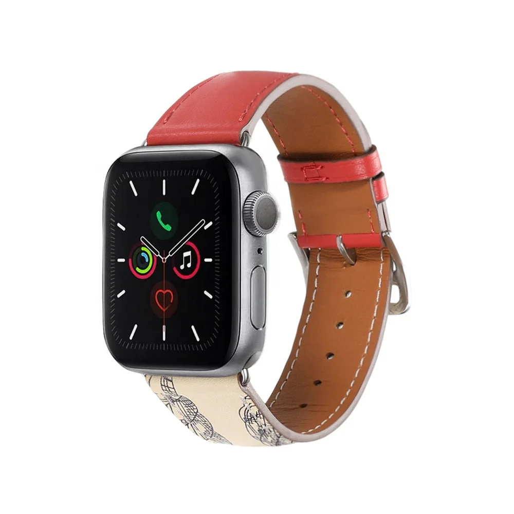 

For Iwatch 5 WatchStrap Genuine Calf Leather Bracelet for 44mm 40mm 42mm 38mm Apple Watch Band Strap IWatch Series 5/4/3/2/1, Grey/mud grey, red/mud grey