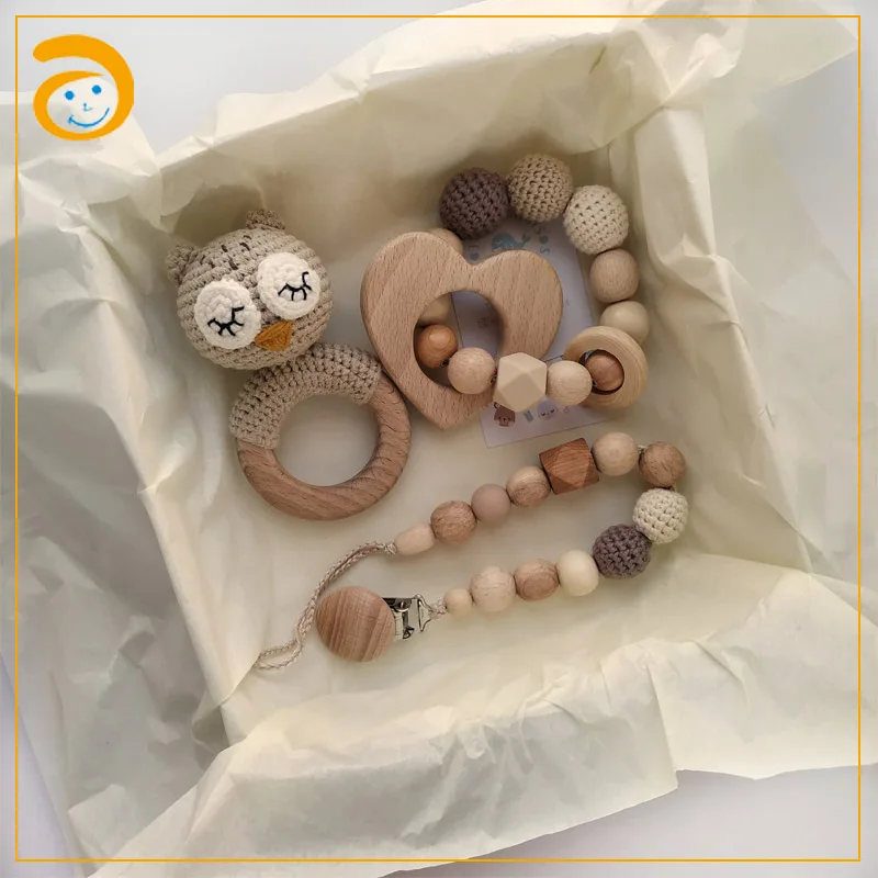 
Customized sensory organic baby crochet toy pacifier clip with wooden rattle gift set 