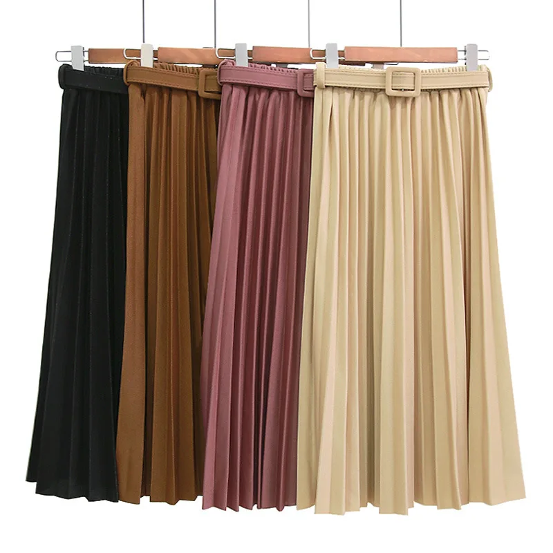 

Bright Silk Skirt Spring Autumn Ladies Long Solid Color Simple Pleated Skirt Long Maxi Elastic Waist With Belt Skirts