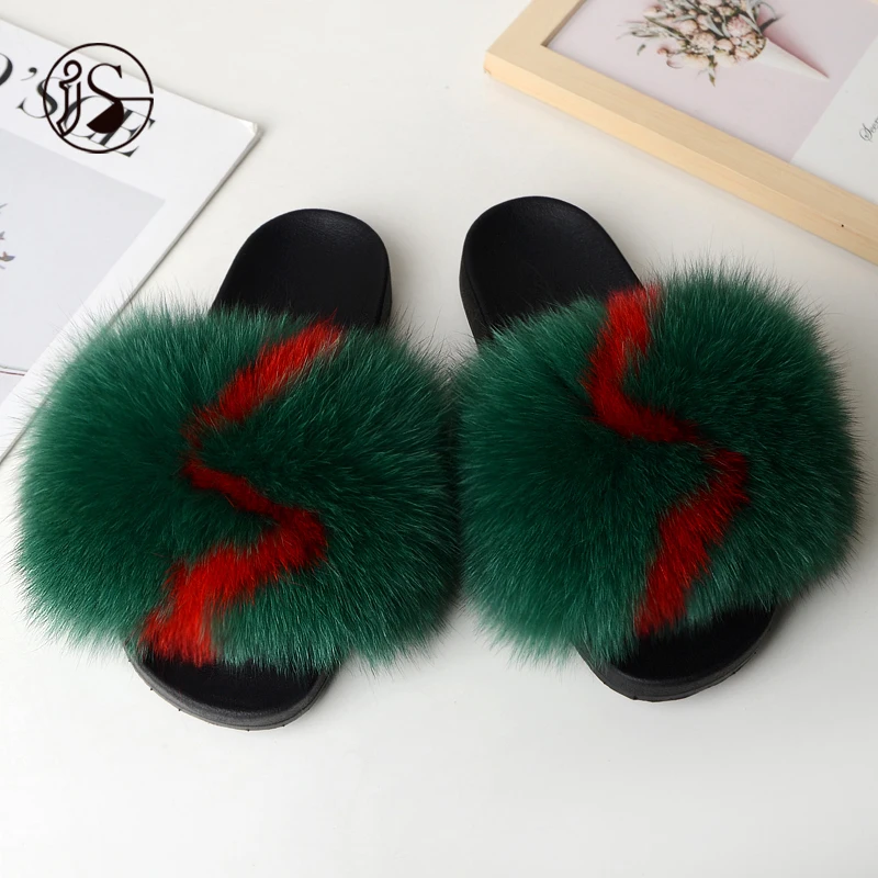 

2021 Fashion Wholesale price real Fox fur slippers soft outdoor comfy fur slides for women popular fur ladies sandals, Picture