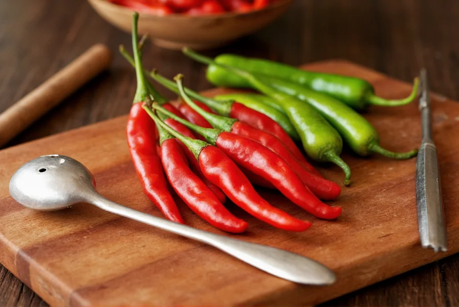 Close-up photography of fresh bird's eye chilies on a wooden cutting board with traditional Southeast Asian cooking utensils