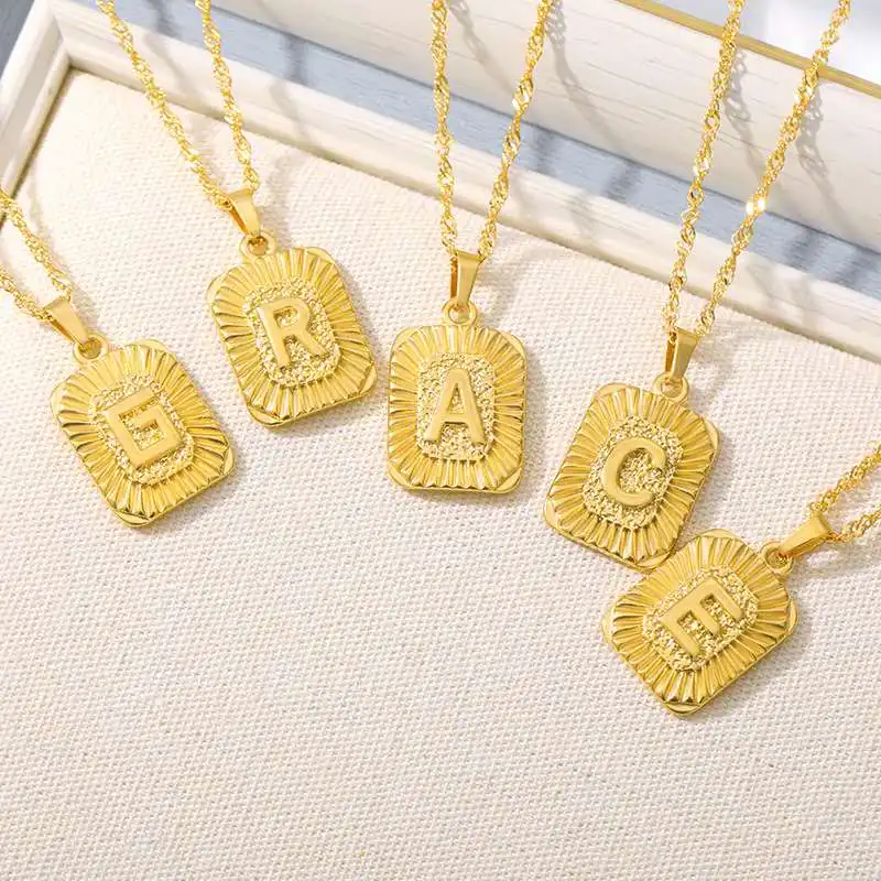 

Wholesale Stainless Steel Medal Square Gold Plate Small Initial Name Letter Necklace Anklet