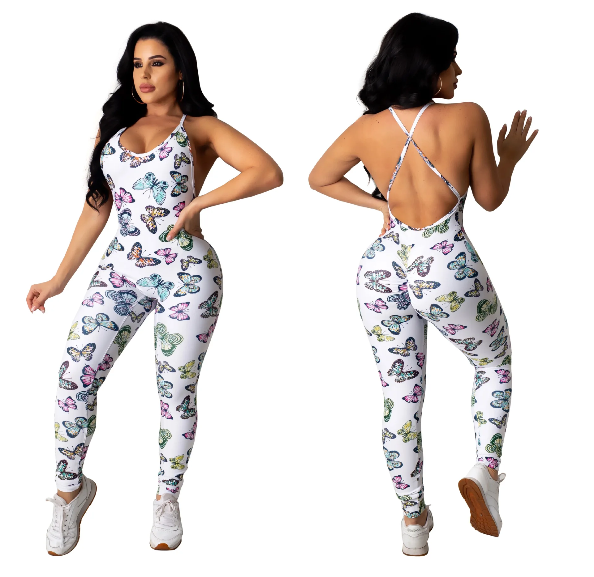 

2021 fitness & yoga wear Sleeveless cross back yoga suit sport wear gym workout yoga sexy one piece girls white jumpsuit, Butterfly printed