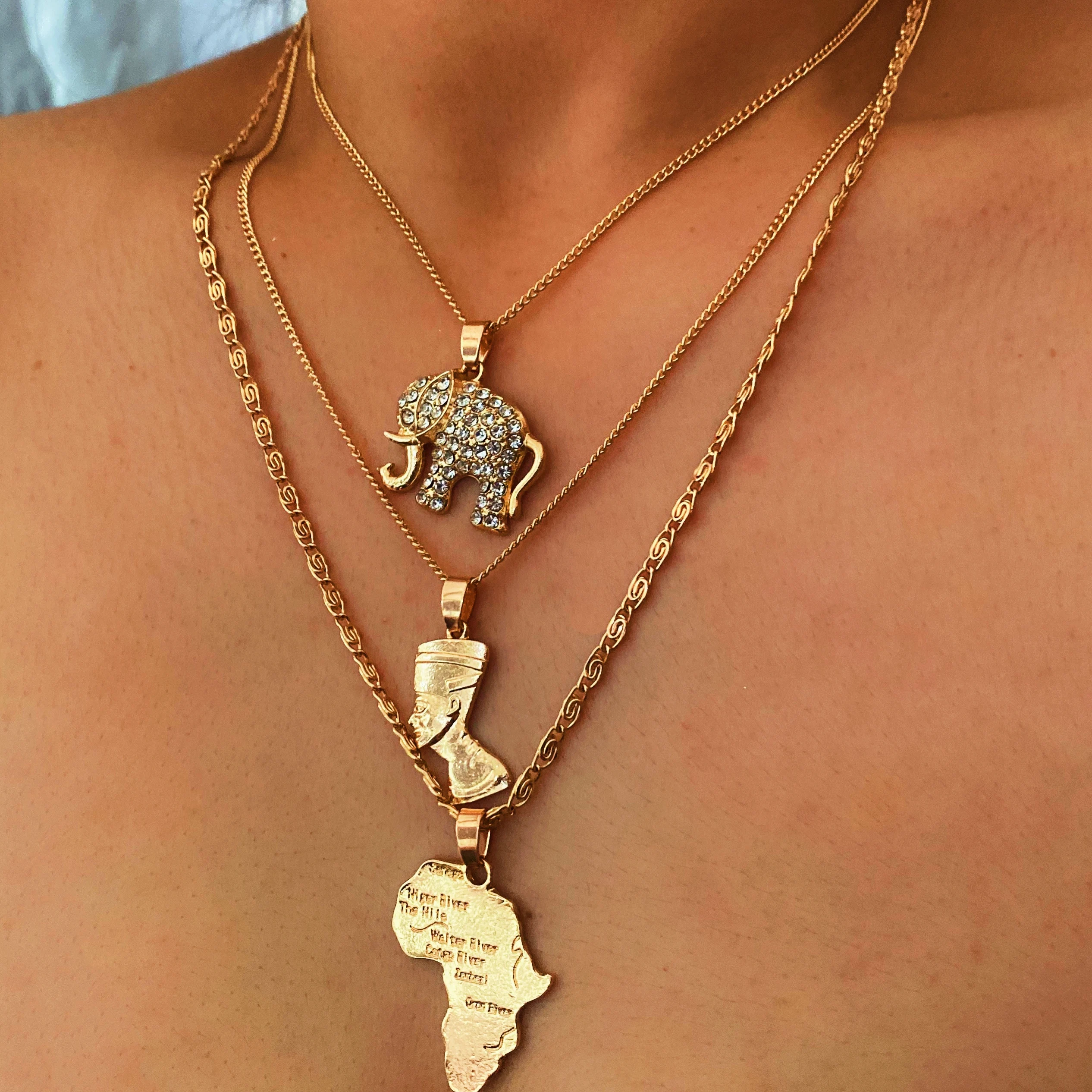

gold plated elephant african map queen nefertiti multi layered necklace, Picture