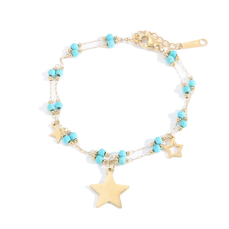 

2021 Exclusive Handmade Hollow Turquoise Beads Tarnish Free Gold Stainless Steel Girls Star Bracelet Chain Jewelry, Picture shows