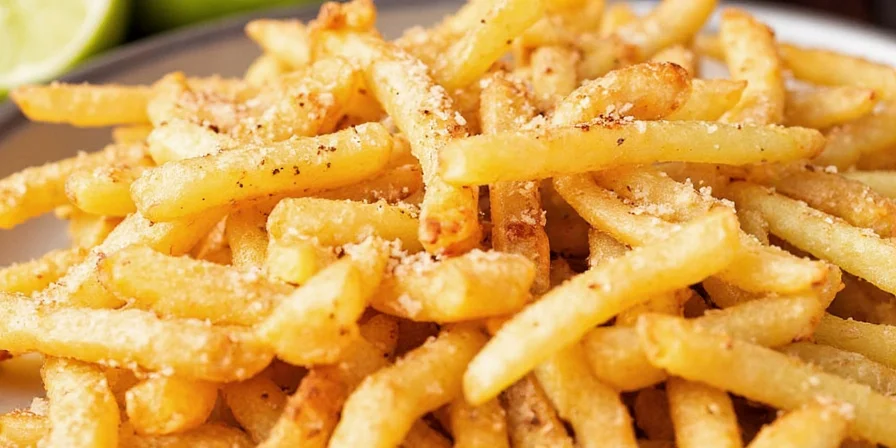 Close-up of burnt spice residue on fry surface vs. properly seasoned fries