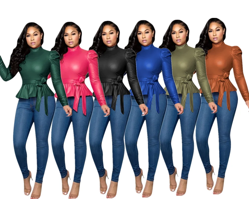 

2021 Women Blouses New Flocking Leather Top Half-High Collar Long Sleeve Leather Jacket for ladies, Black,brown,rose red,blue,green,dark green