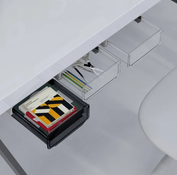 

A5207 Plastic under Desk Organizer Drawer Pencil Self Adhesive Hidden Tray, White/grey