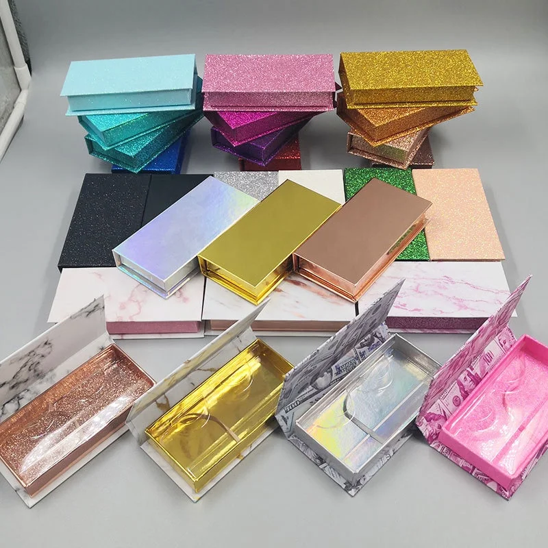 

LZ Pack Stock Rectangle Marble Mink Fur Eyelash Boxes Bling Glitter Eyelash Packaging Box Case Customize Eyelash Boxes, Same as picture